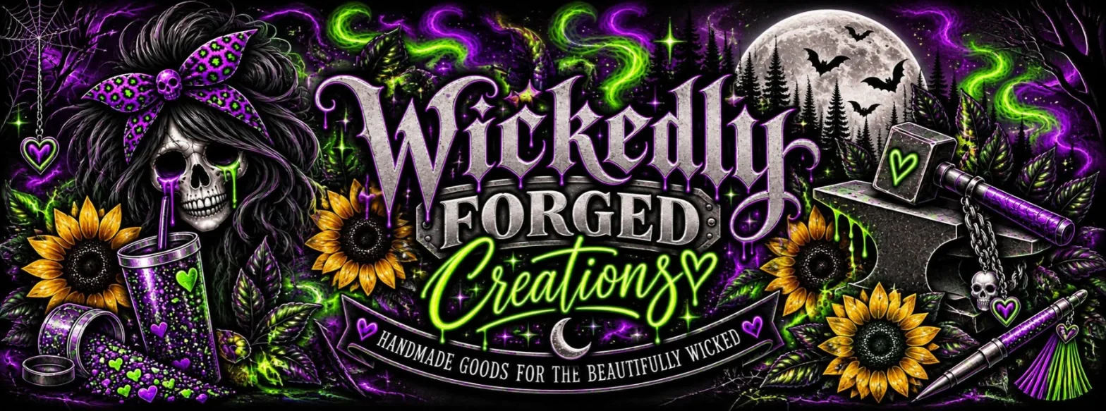 Wickedly Forged Creations banner: a skull-faced woman in a purple bandana, sunflowers, a glitter tumbler, an anvil and hammer, and a beaded pen around the logo lettering and the line Handmade goods for the beautifully wicked.